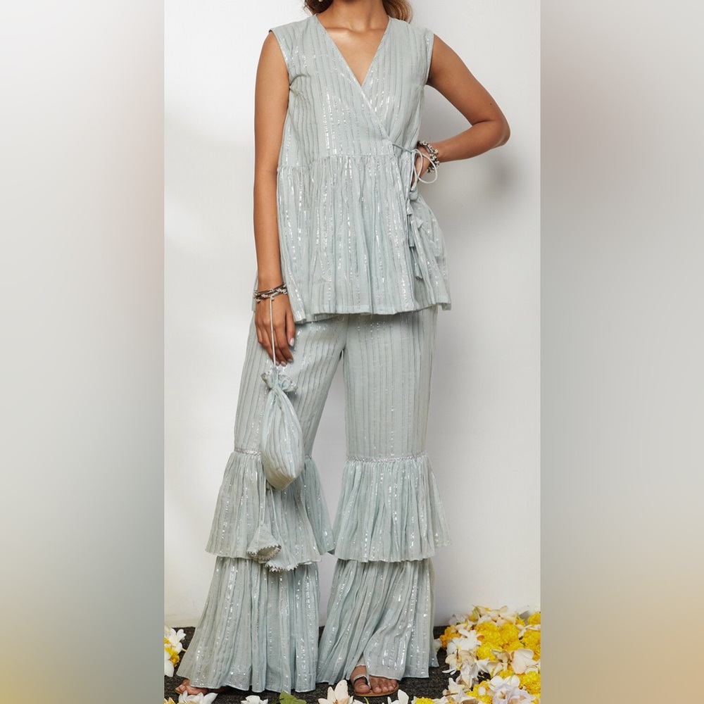 Metallic Silver and Light Blue Pakistani/Indian Suit